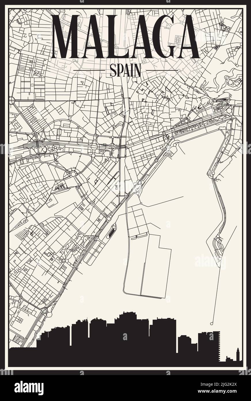 Póster de la ciudad con impresión de luz con horizonte panorámico y red de calles dibujadas a mano sobre fondo beige vintage del centro DE MÁLAGA, ESPAÑA Ilustración del Vector