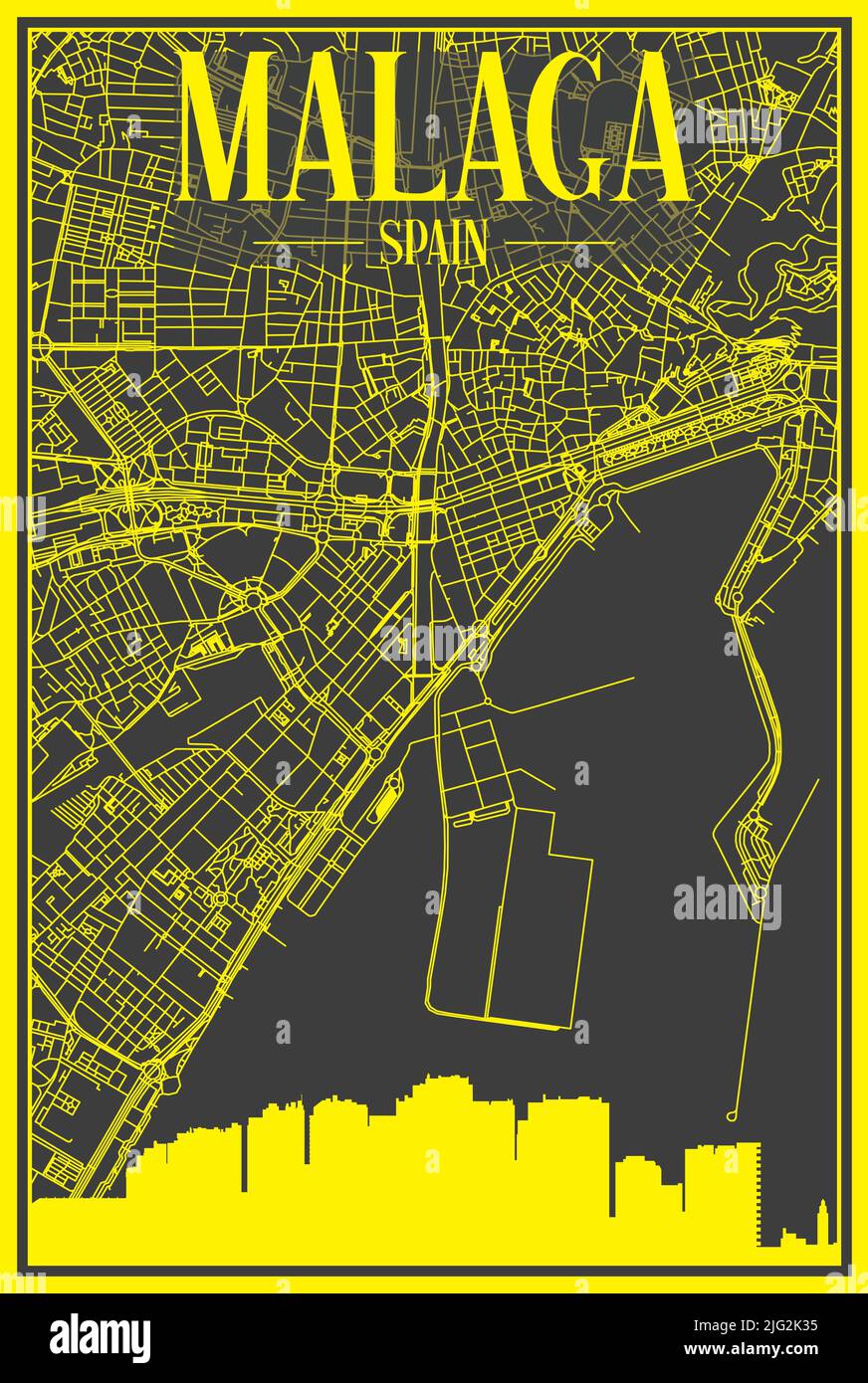 Póster de la ciudad impreso en amarillo con horizonte panorámico y red de calles dibujadas a mano sobre fondo gris oscuro del centro DE MÁLAGA, ESPAÑA Ilustración del Vector