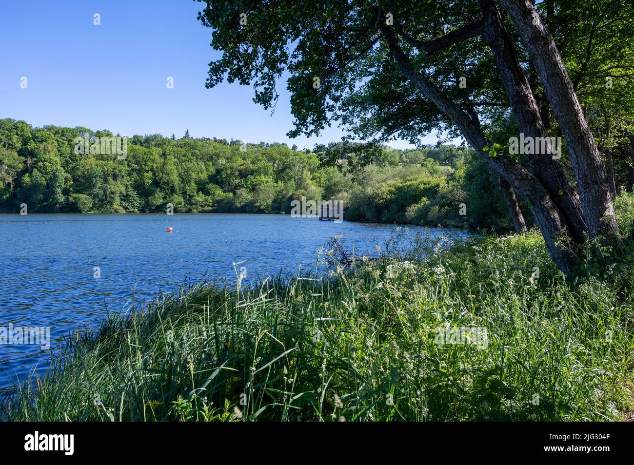 Lago volcánico de Aydat en las montañas de Auvernia en el departamento de Puy-de-Dome en el Macizo Central en Francia en primavera Foto de stock