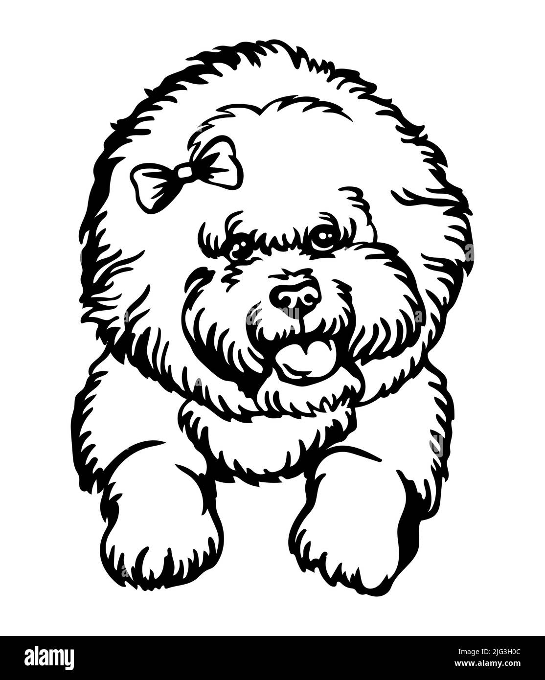 Bichon Frise perro negro contorno retrato. Cabeza de perro en la vista frontal ilustración de vector aislada en blanco. Para decoración, diseño, impresión, póster, postal, sti Ilustración del Vector