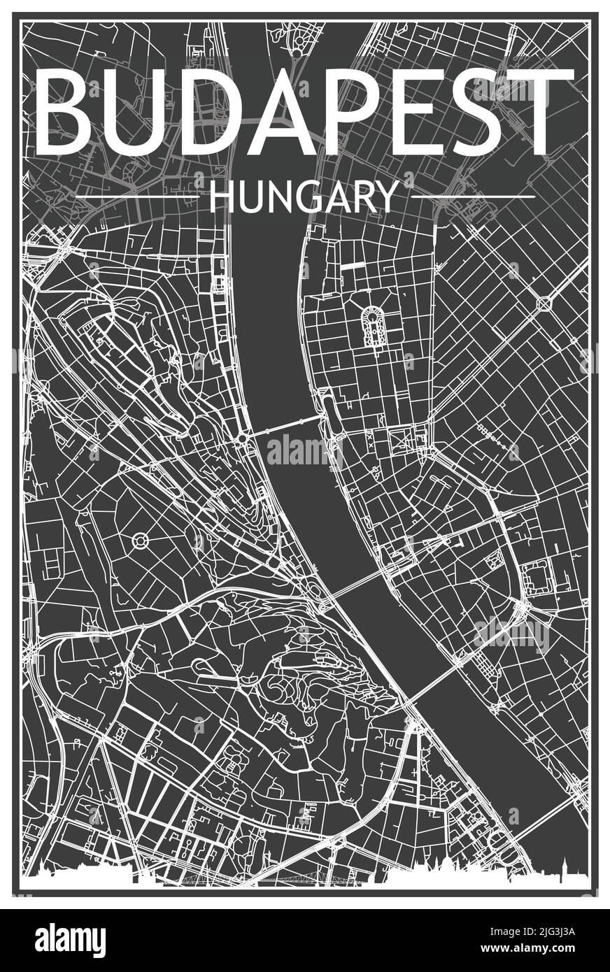 Póster de la ciudad con impresión oscura con horizonte panorámico y calles dibujadas a mano sobre fondo gris oscuro del centro DE BUDAPEST, HUNGRÍA Ilustración del Vector