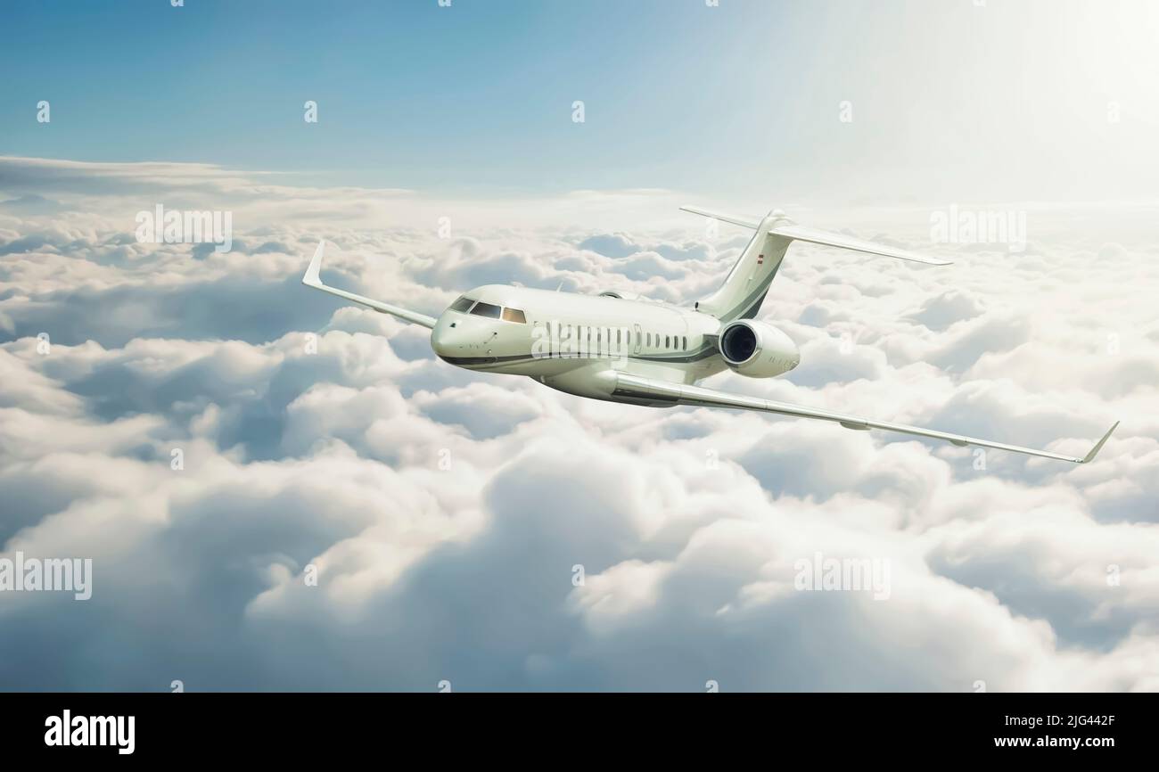 Avión privado en vuelo sobre las nubes Foto de stock