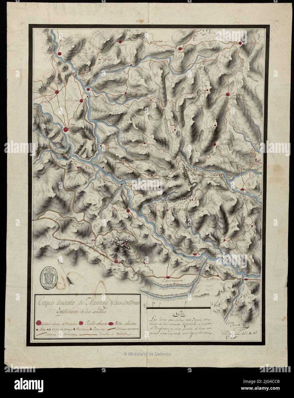 Bocetos del itinerario Manresa y sus contornos. Incluye parte de los partidos judiciales de Manresa. Tarrasa, Igualada, Grandllers y San Feliú de Llobregat, pasando entre otros por los municipios de los citados partidos judiciales, en la provincia de Barcelona Manuscrito firmado y firmado por el autor Escala gráfica de 2 horas [= 6,6 cm]. Orientado a la relieve geográfico del norte representado por la sombra de signos convencionales tabla para indicar la categoría de carreteras, la población y los edificios aparece el sello sellado del cuerpo de 'Estado Mayor General. 1st. Ejército Foto de stock