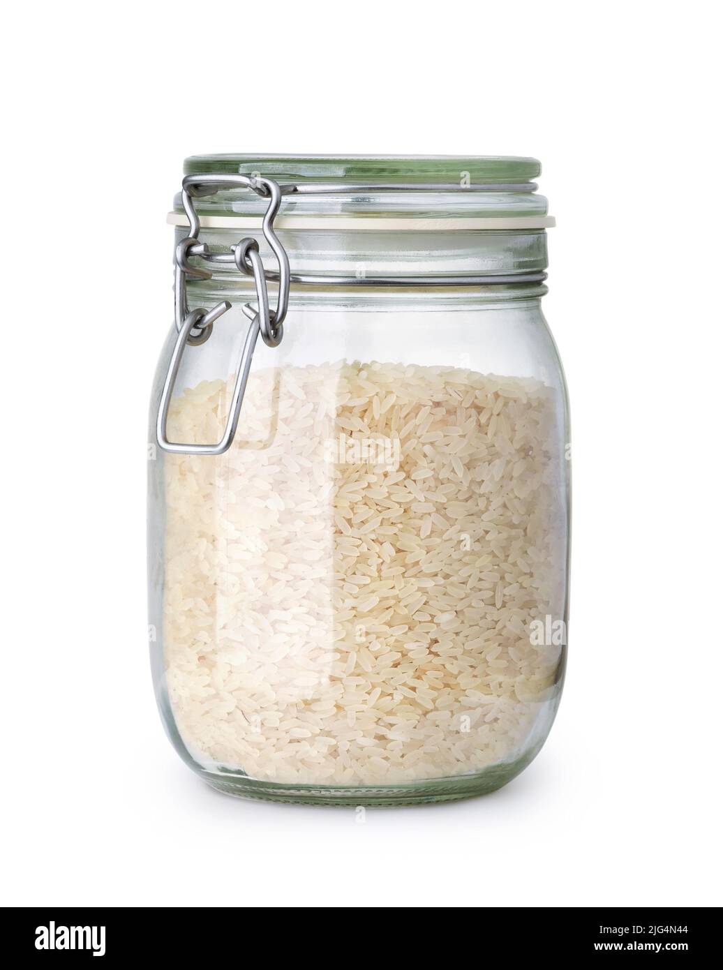 Vista frontal de vaso de arroz hervido en tarro aislado sobre blanco Foto de stock