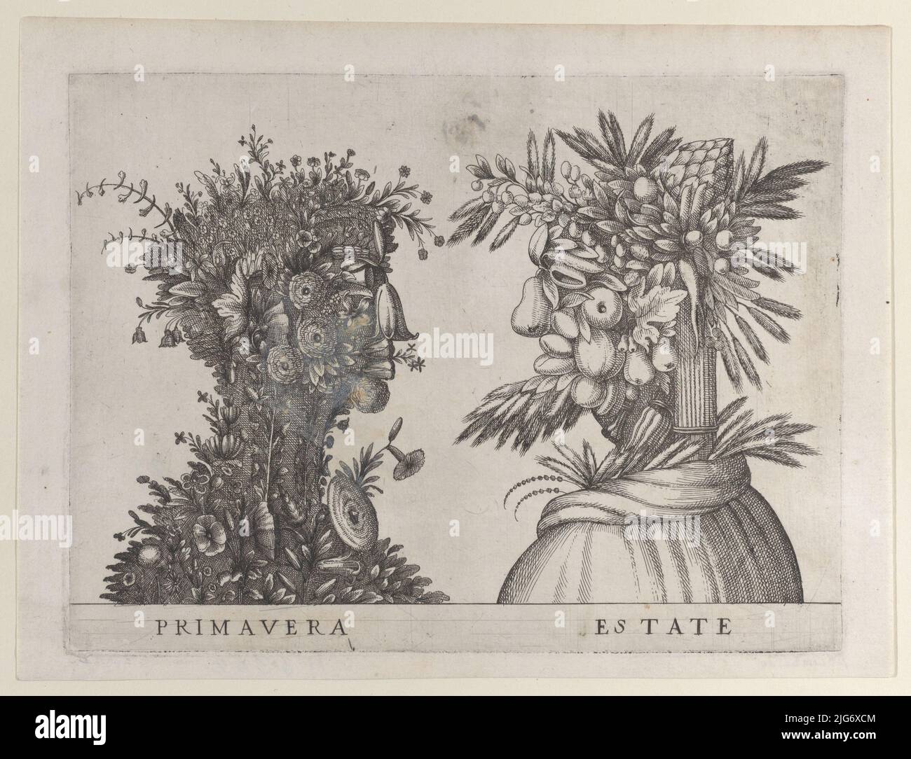 Primavera y verano: Dos cabezas hechas de flora típica de esas estaciones, ca. 1580-1620. Foto de stock