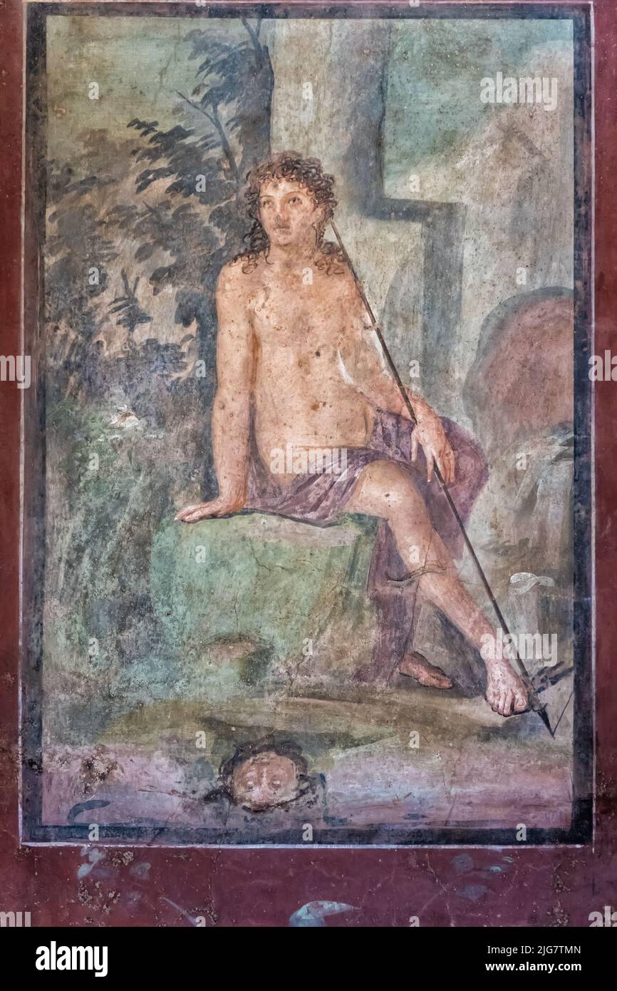 Antiguos frescos en Pompeya, la antigua ciudad romana destruida en el año 79 d.C. por la erupción del Monte Vesubio. Patrimonio de la Humanidad de la UNESCO. Nápoles, Italia Foto de stock
