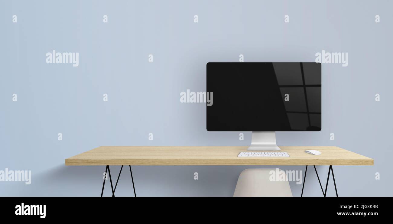 Pantalla de ordenador en escritorio con pantalla en blanco y espejo de la ventana. Espacio limpio para agregar presentación de página Web. Espacio de copia junto a en la pared Foto de stock
