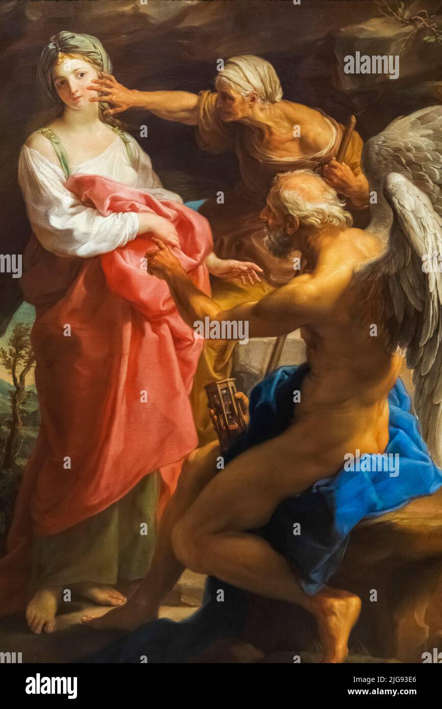 Pintura titulada 'El tiempo ordena a la vieja edad destruir la belleza' por el artista italiano Pompeo Girolamo Batoni de fecha 1746 Foto de stock
