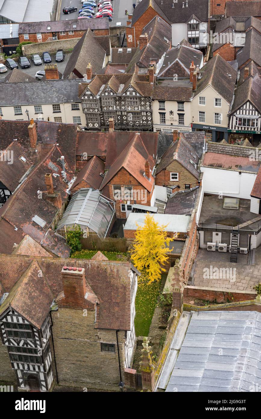 Vistas urbanas de la ciudad de Ledbury en Inglaterra en las fronteras galesas en otoño. Foto de stock