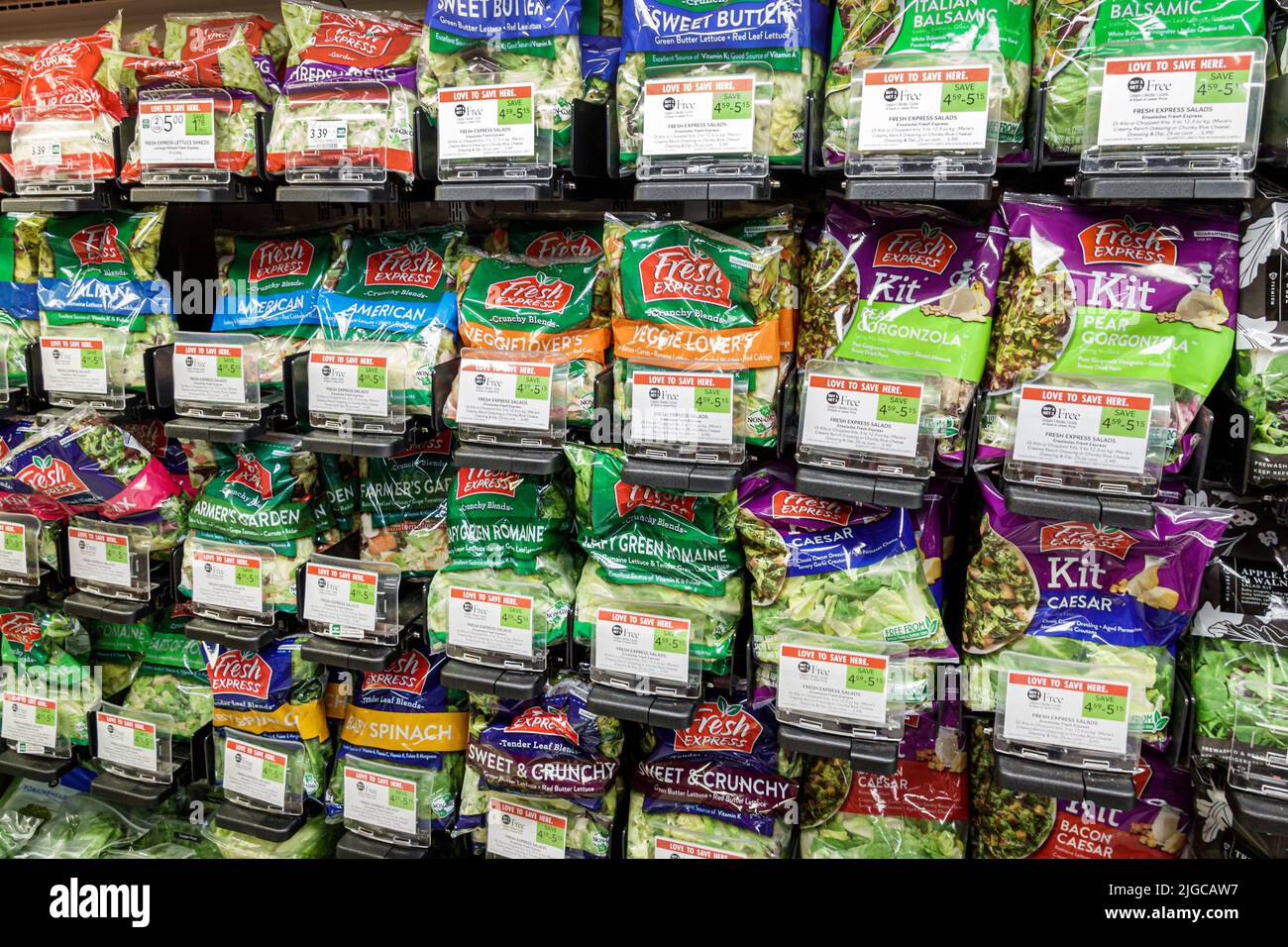 Miami Beach Florida, Publix tienda de comestibles supermercado alimentos interior interior, mostrar venta fresco Express ensalada kit bolsas Foto de stock