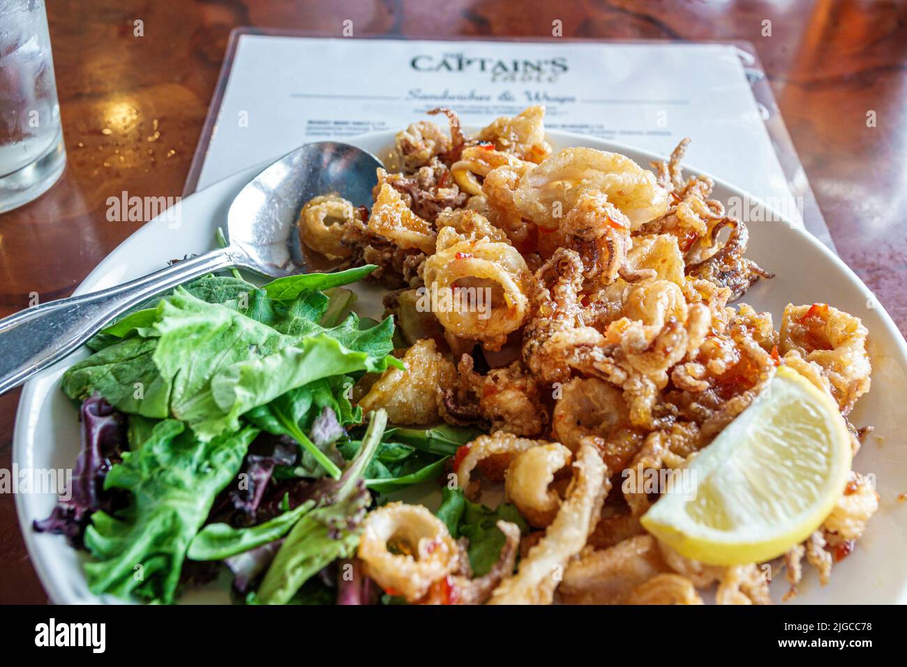 Punta Gorda Florida, complejo de restaurantes de tiendas Fishermen's Village, restaurantes de restaurante Captain's Table dentro de plato interior calamares fritos seaf Foto de stock