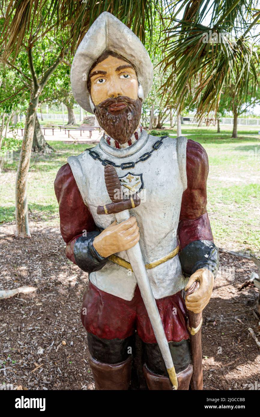 Punta Gorda Florida, Puerto de Charlotte Ponce de Leon Park estatua Conquistador español Fuente de la Juventud Foto de stock