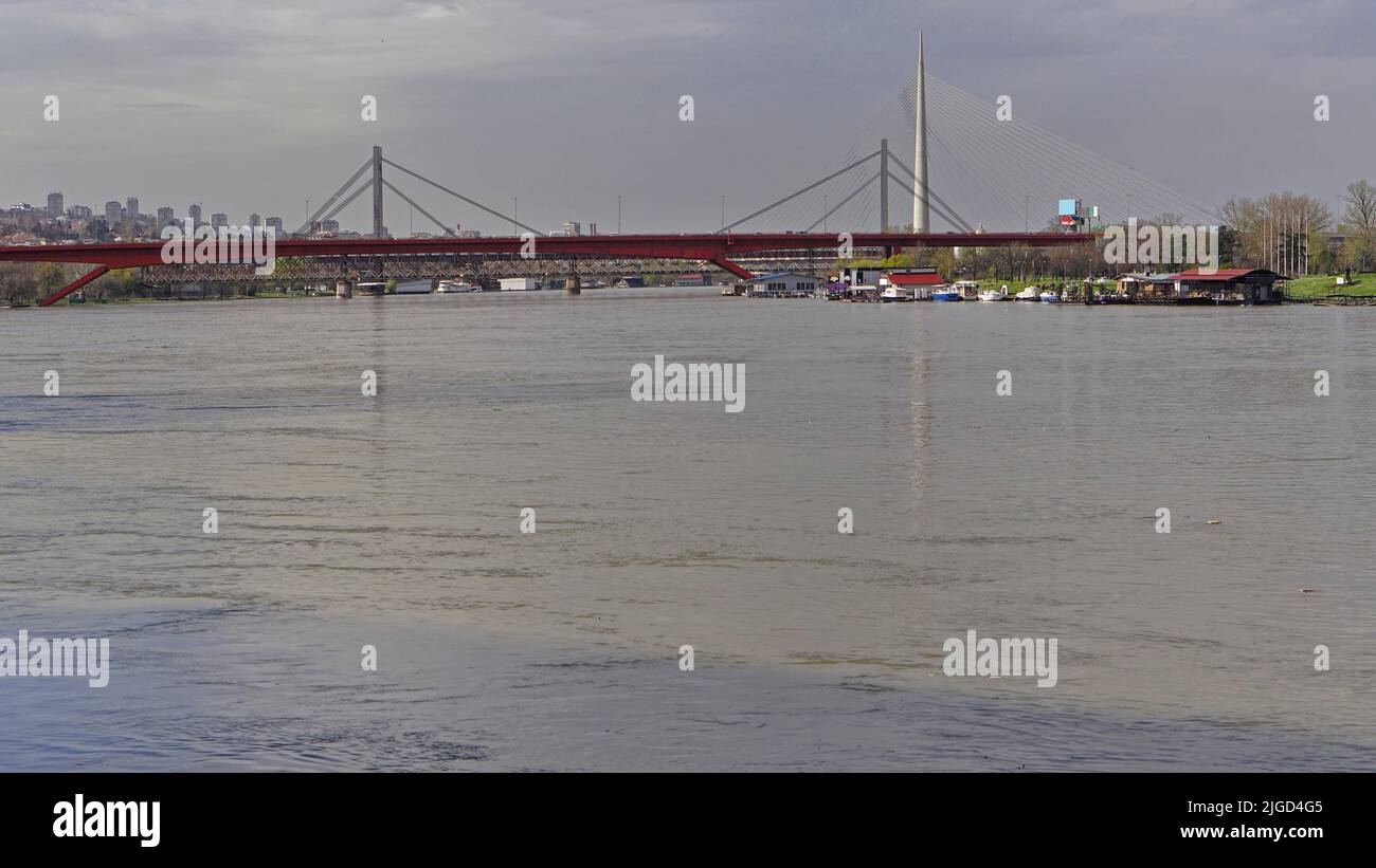 Muchos puentes sobre el río Sava Belgrado día de primavera Foto de stock