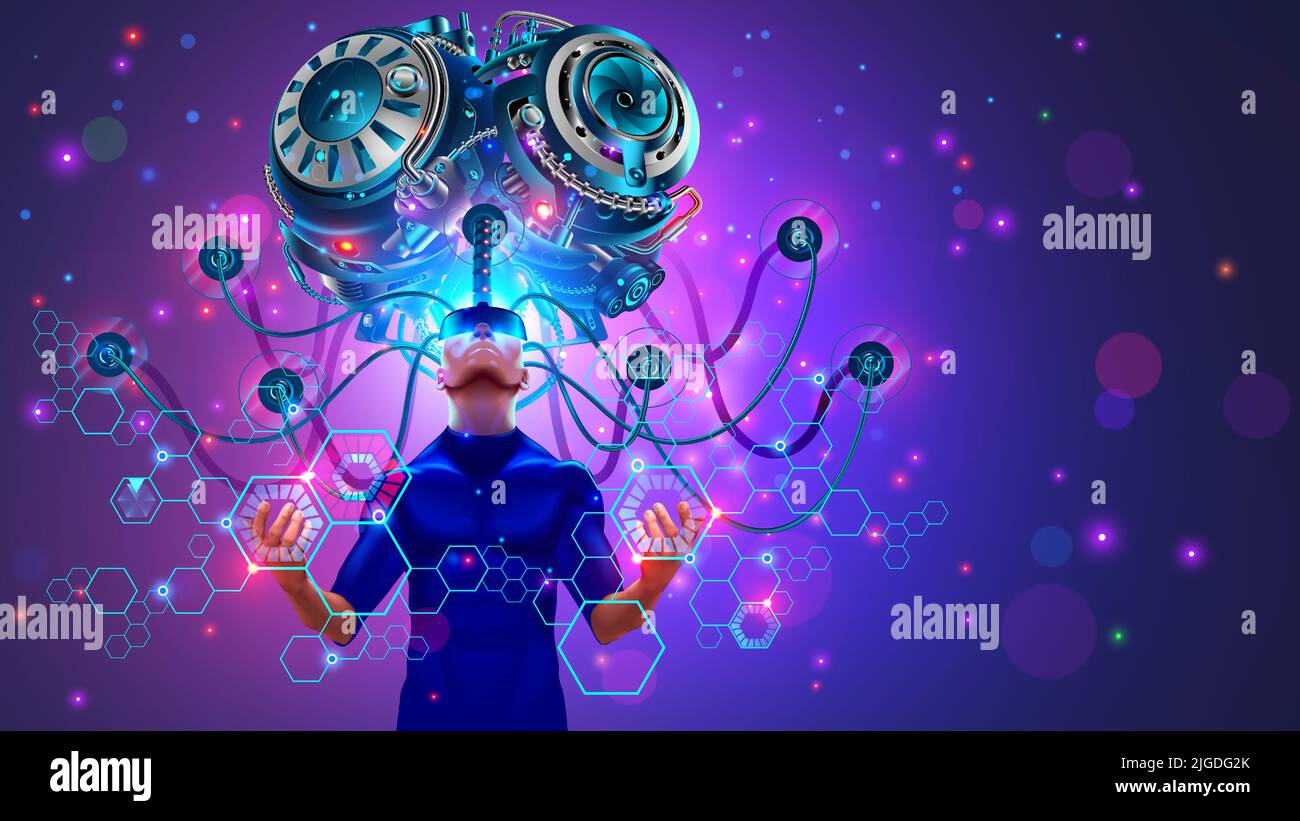 Big Artificial Brain o Supercomputer con IA a través de cables conectados con el cerebro humano. Profundo aprendizaje de redes neuronales, concepto de inteligencia artificial Ilustración del Vector