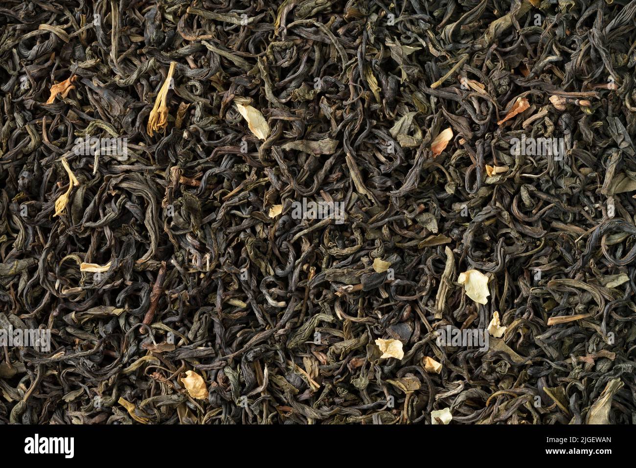 El té de jazmín chino seco deja cerca el marco completo como fondo Foto de stock