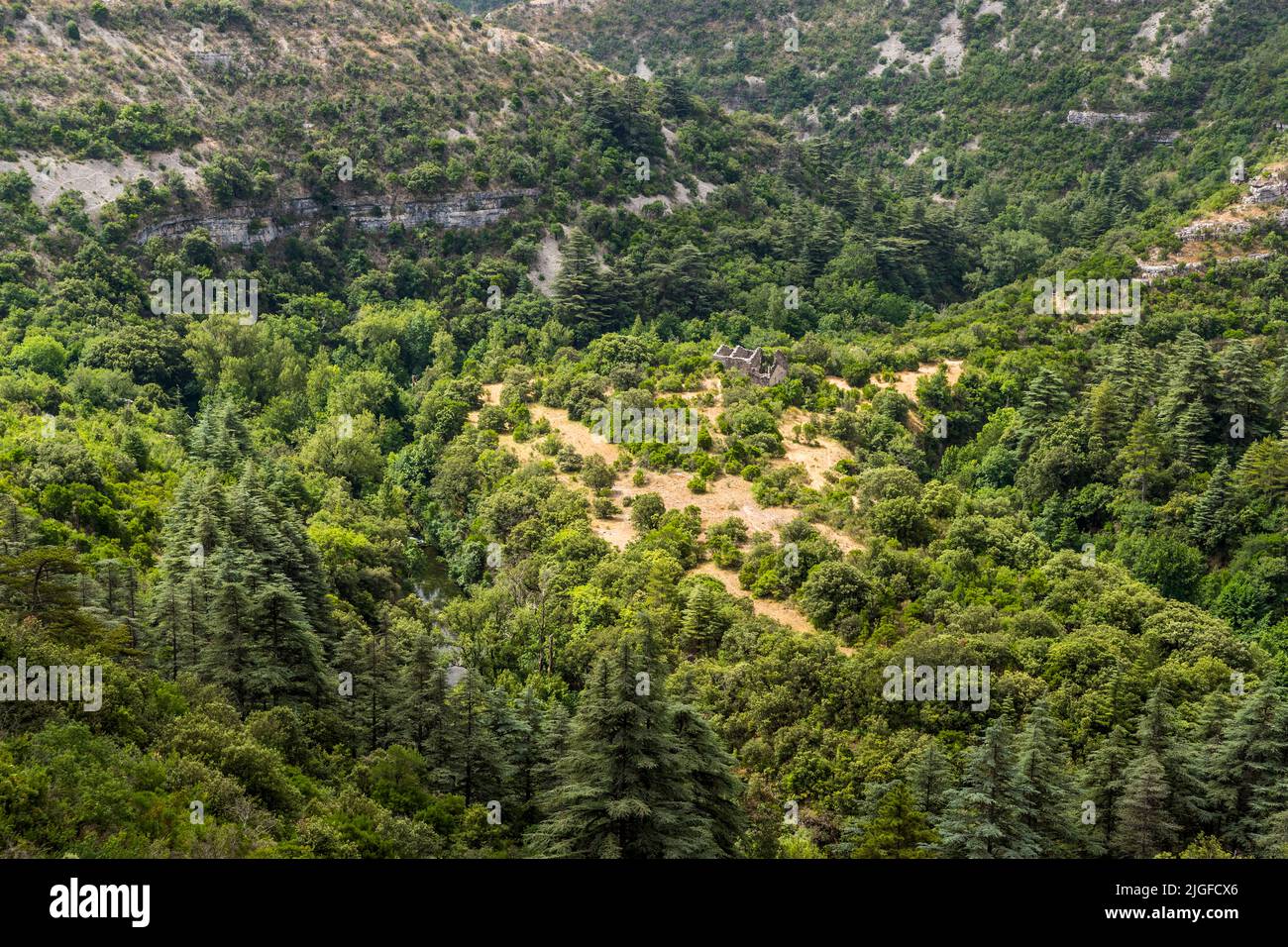 La garganta Cirque de Navacelles, Lodève, Francia. Esta cuenca natural ha sido creada por las aguas del río Vis durante miles de años. El camino desde los campos de grano hasta el molino era a menudo arduo Foto de stock