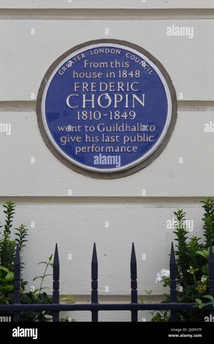 1848 Frederic Chopin dejó esta casa para dar su última actuación en el guildhall, placa azul Foto de stock