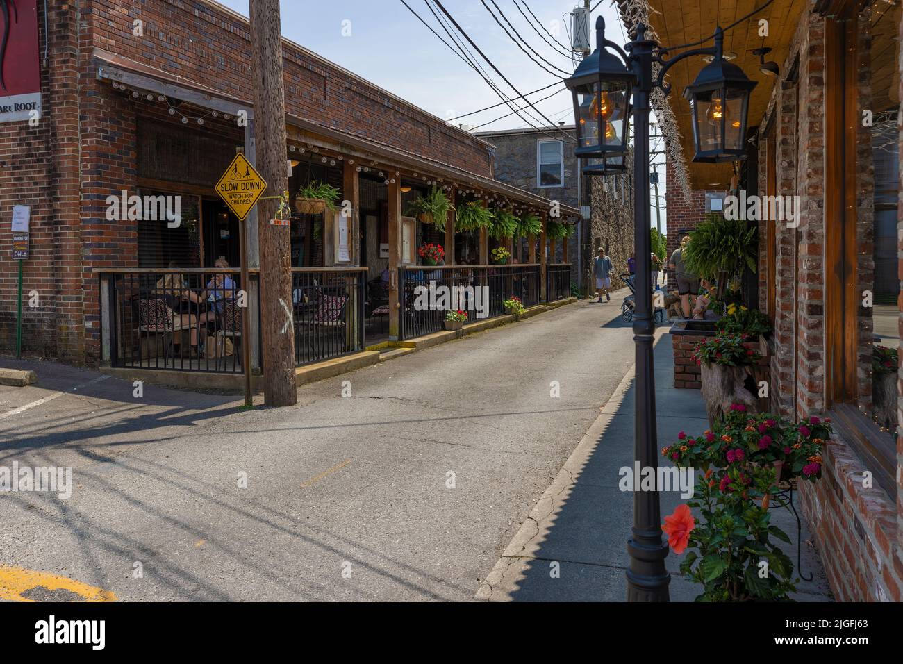 Brevard, Carolina del Norte, EE.UU. - 25 de junio de 2022: Los turistas y los residentes se mezclan en esta pequeña ciudad donde las tiendas pintorescas y los cafés son un favorito. Foto de stock