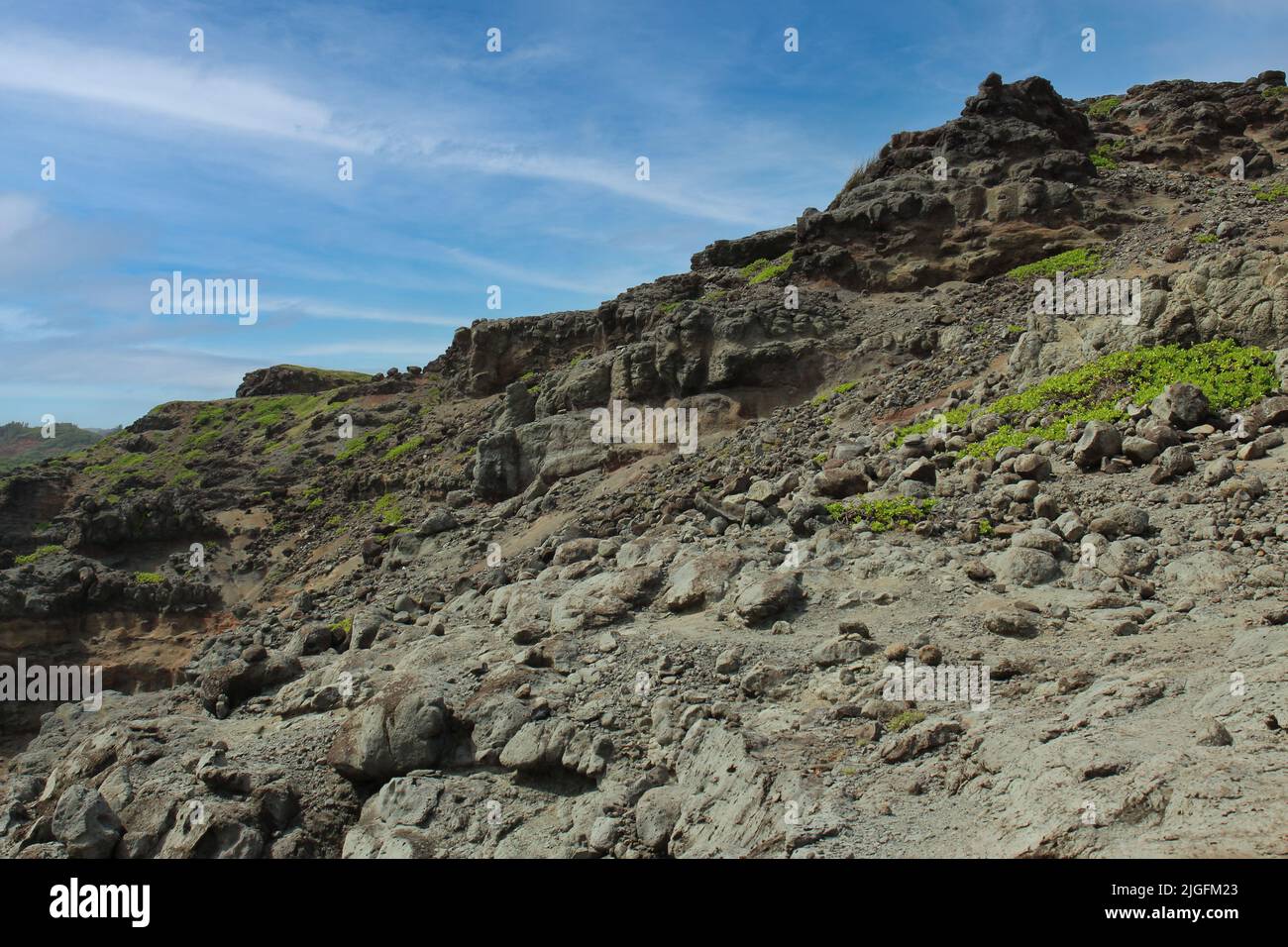 Ladera rocosa compuesta de rocas volcánicas, polvo, tierra y plantas de taccada Scaevola en Wailuku, Maui, Hawai, EE.UU Foto de stock