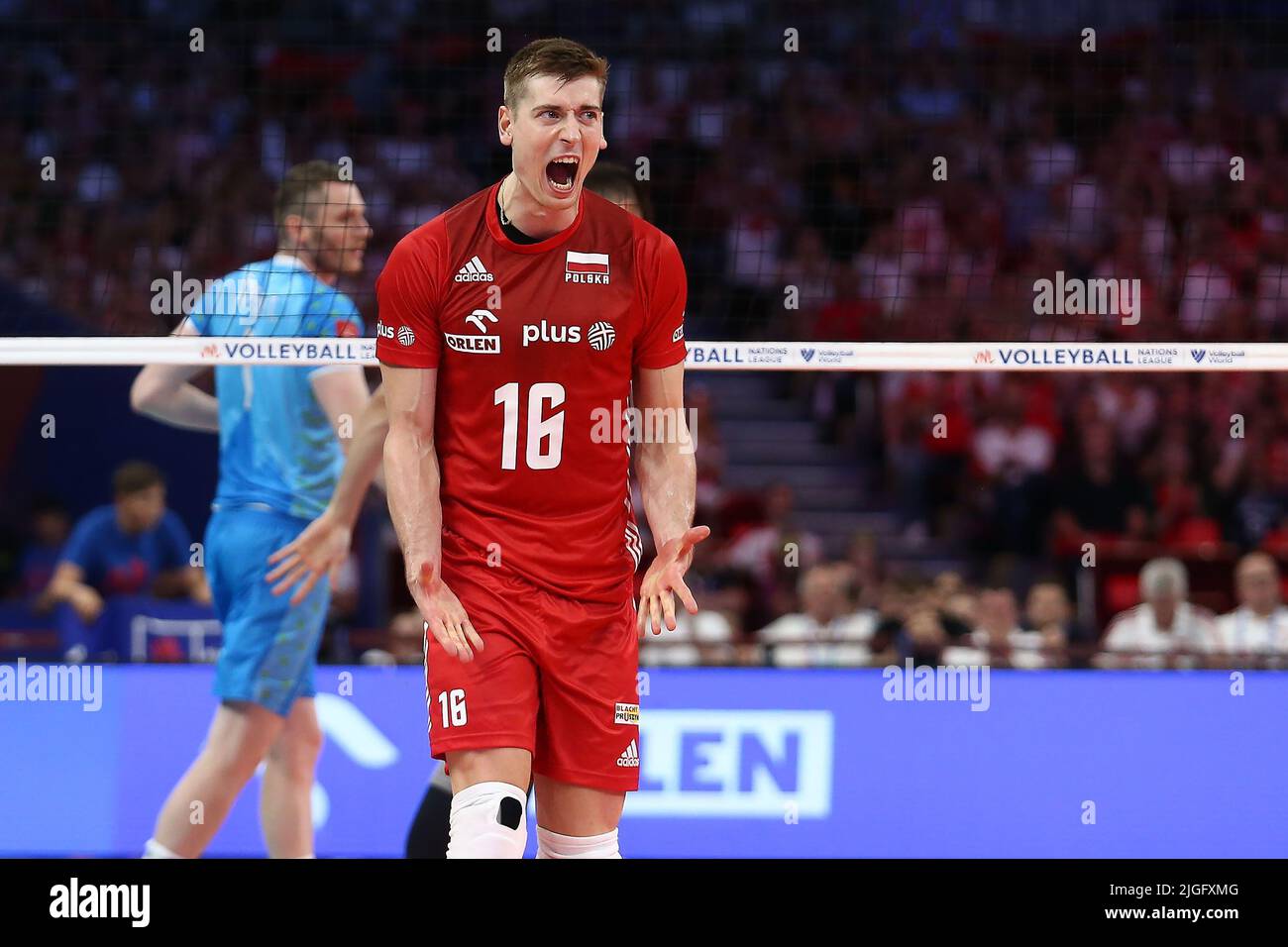 Gdansk, Polonia. 10th de julio de 2022. Kamil Semeniuk (R) de Polonia durante el partido masculino de la Liga de Naciones de Voleibol FIVB 2022 entre Polonia y Eslovenia en Crédito: PAP/Alamy Live News Foto de stock