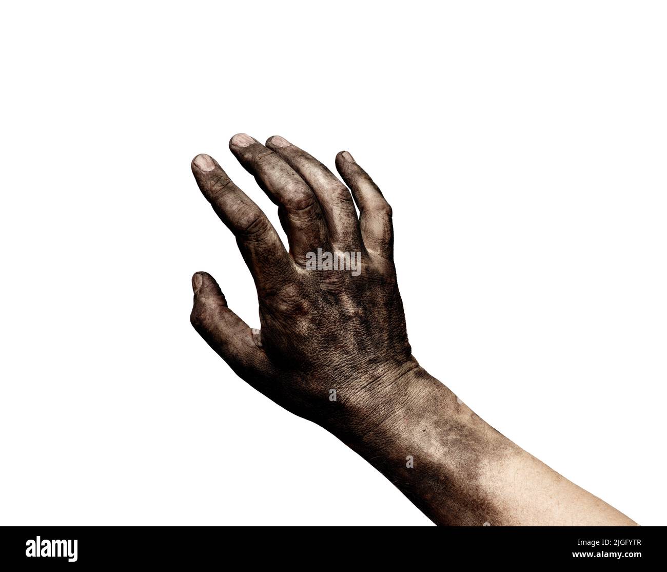 mano ayuda mendigar pobreza brazo trabajador de carbón sucio Foto de stock