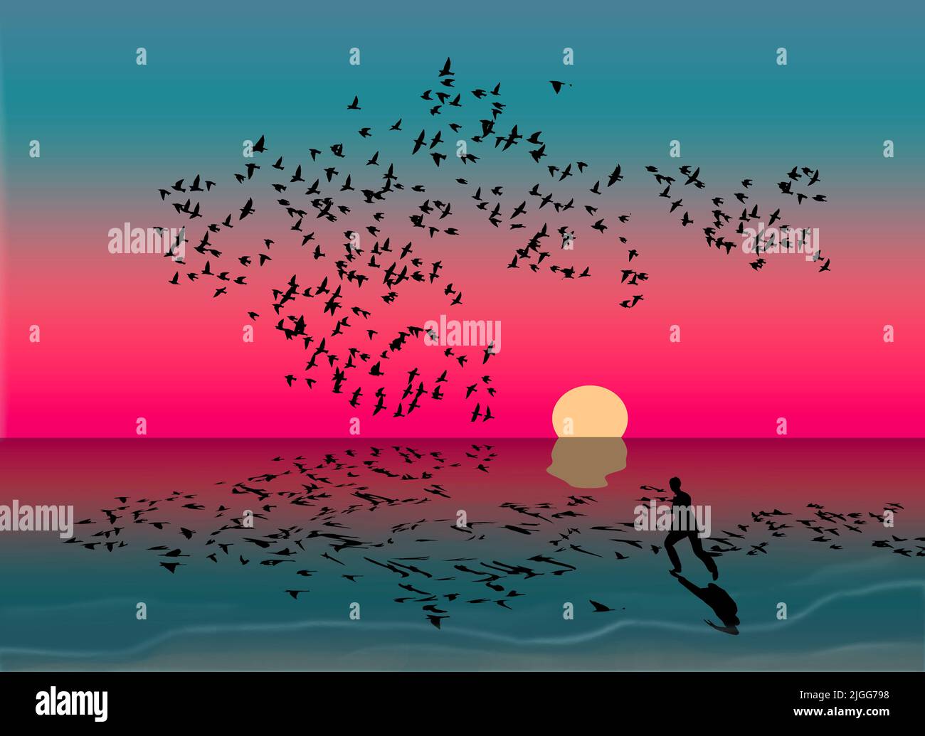 Una bandada de pájaros y un hombre corriendo detrás de las olas al atardecer se reflejan en el agua de un lago en esta ilustración de 3. Foto de stock