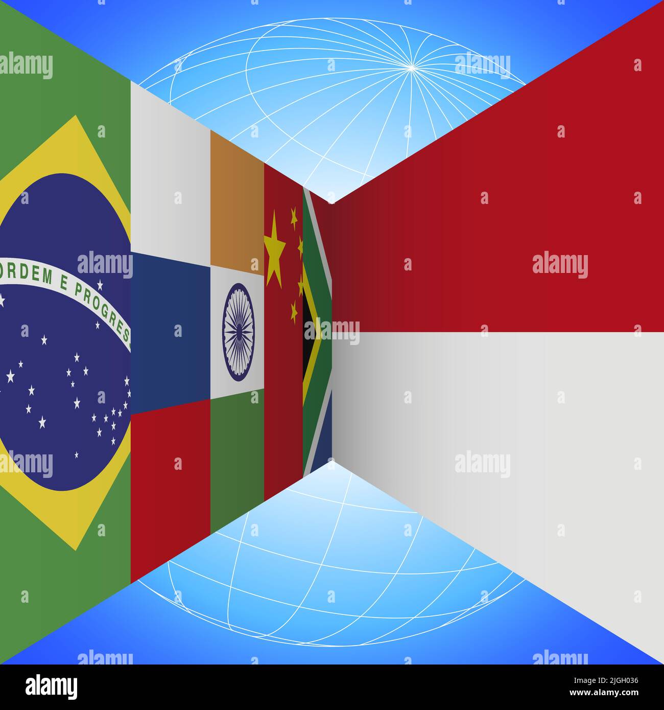 Banderas BRICS Países e Indonesia bandera con globo terrestre en perspectiva sobre el fondo azul, ilustración de vectores Ilustración del Vector