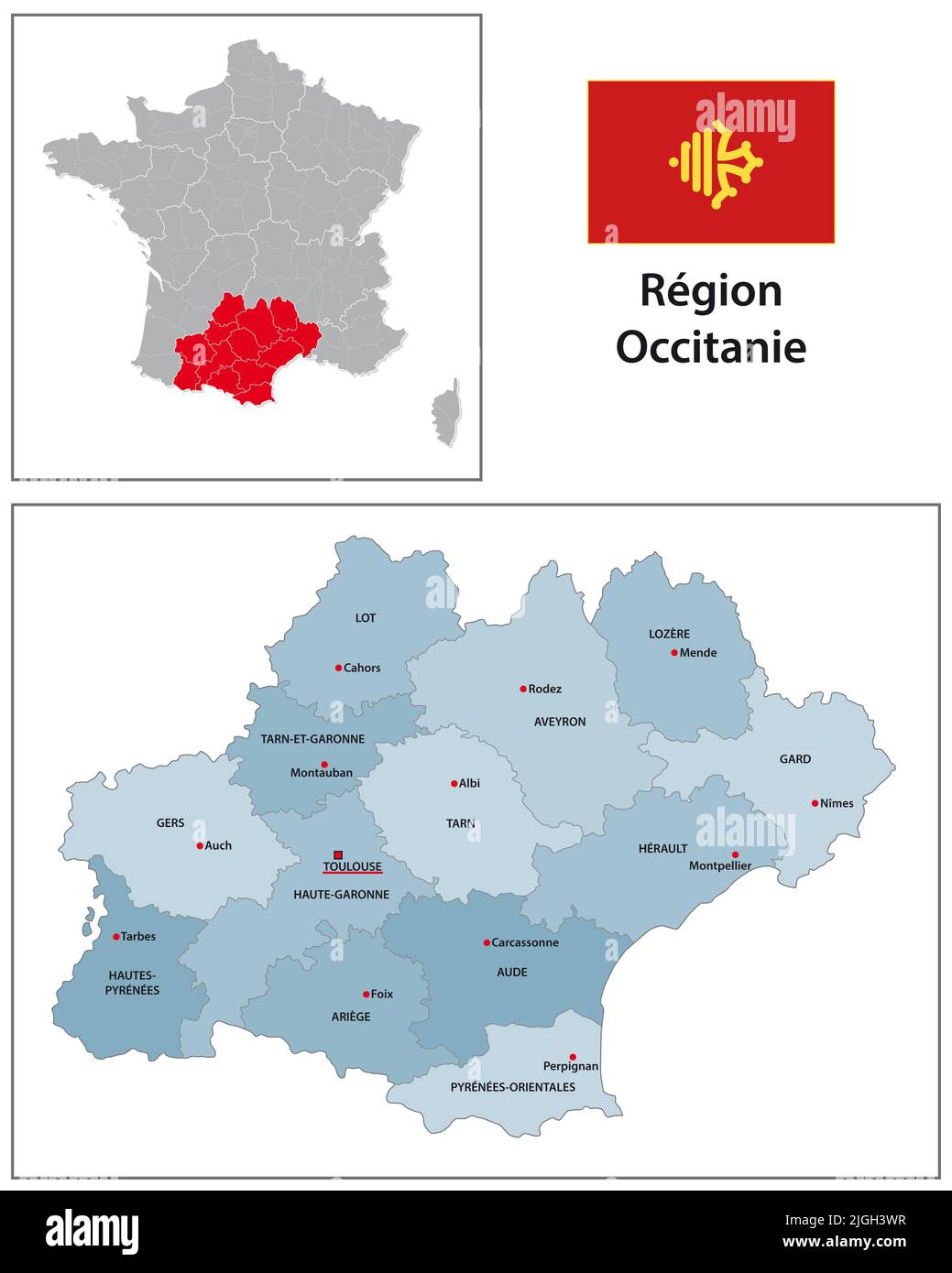 Mapa de vectores administrativos con bandera de la región francesa de Occitania Foto de stock