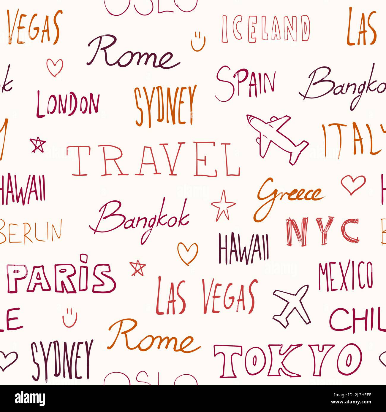 Fondo de viaje. Nombres de ciudades y destinos de viaje. Word text garabatear con un colorido patrón. Ilustración del Vector