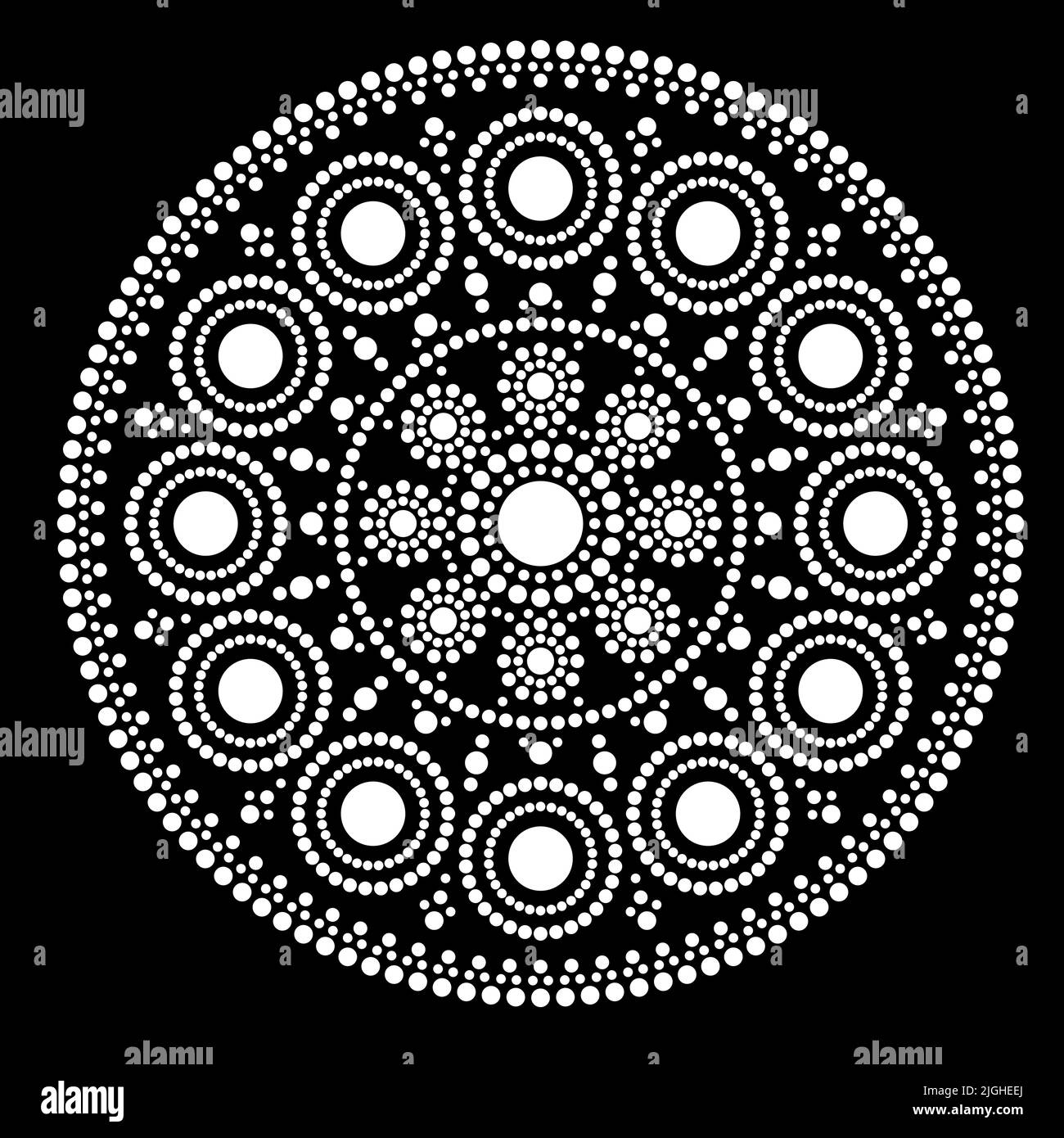 Diseño de mandala con puntos en blanco y negro. Decoración caprichosa de estilo tribal. Ornamento aborigen circular. Ilustración del Vector