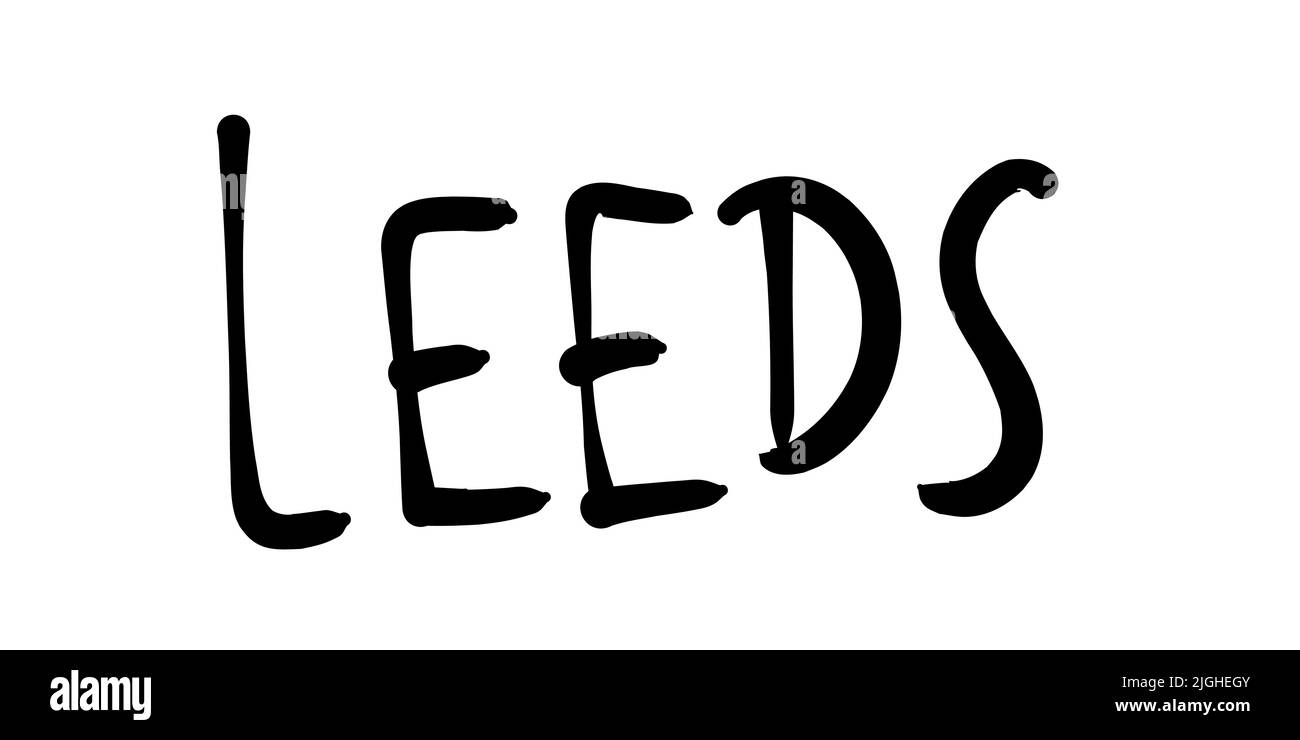 Letra a mano del nombre de la ciudad de Leeds. Signo de texto escrito a mano. Ilustración del Vector