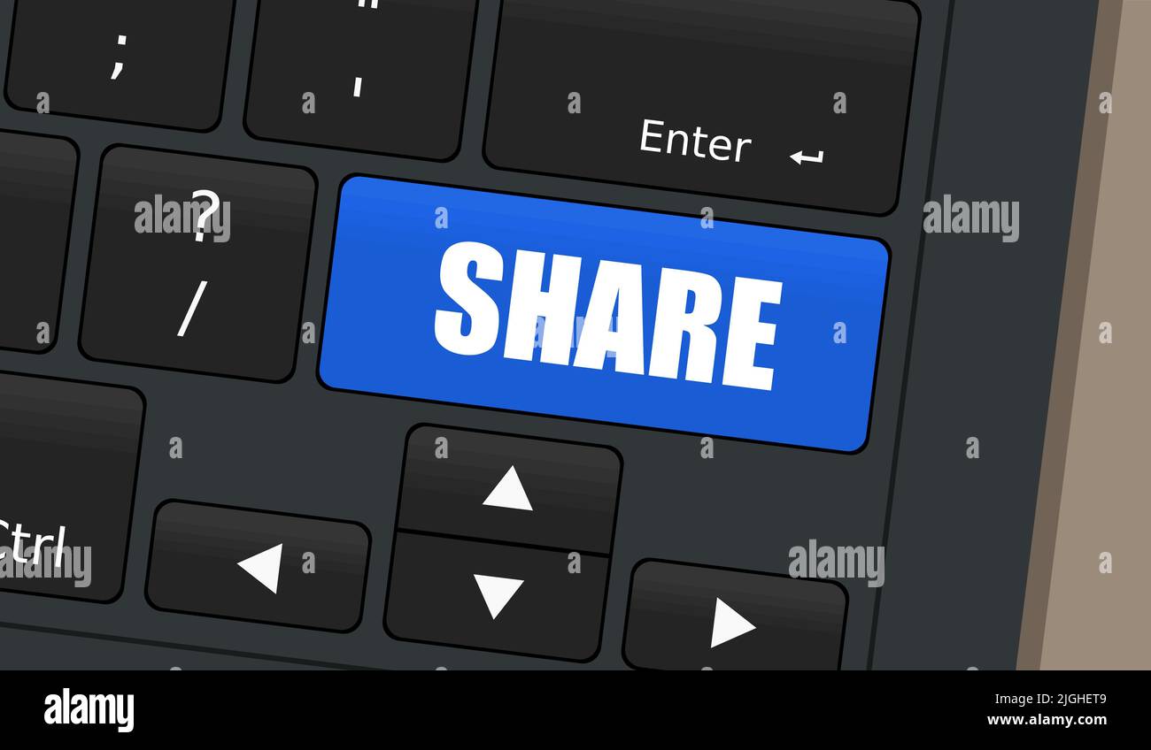 Botón especial Share. Ilustración conceptual del teclado del portátil. Uso compartido en redes sociales. Ilustración del Vector