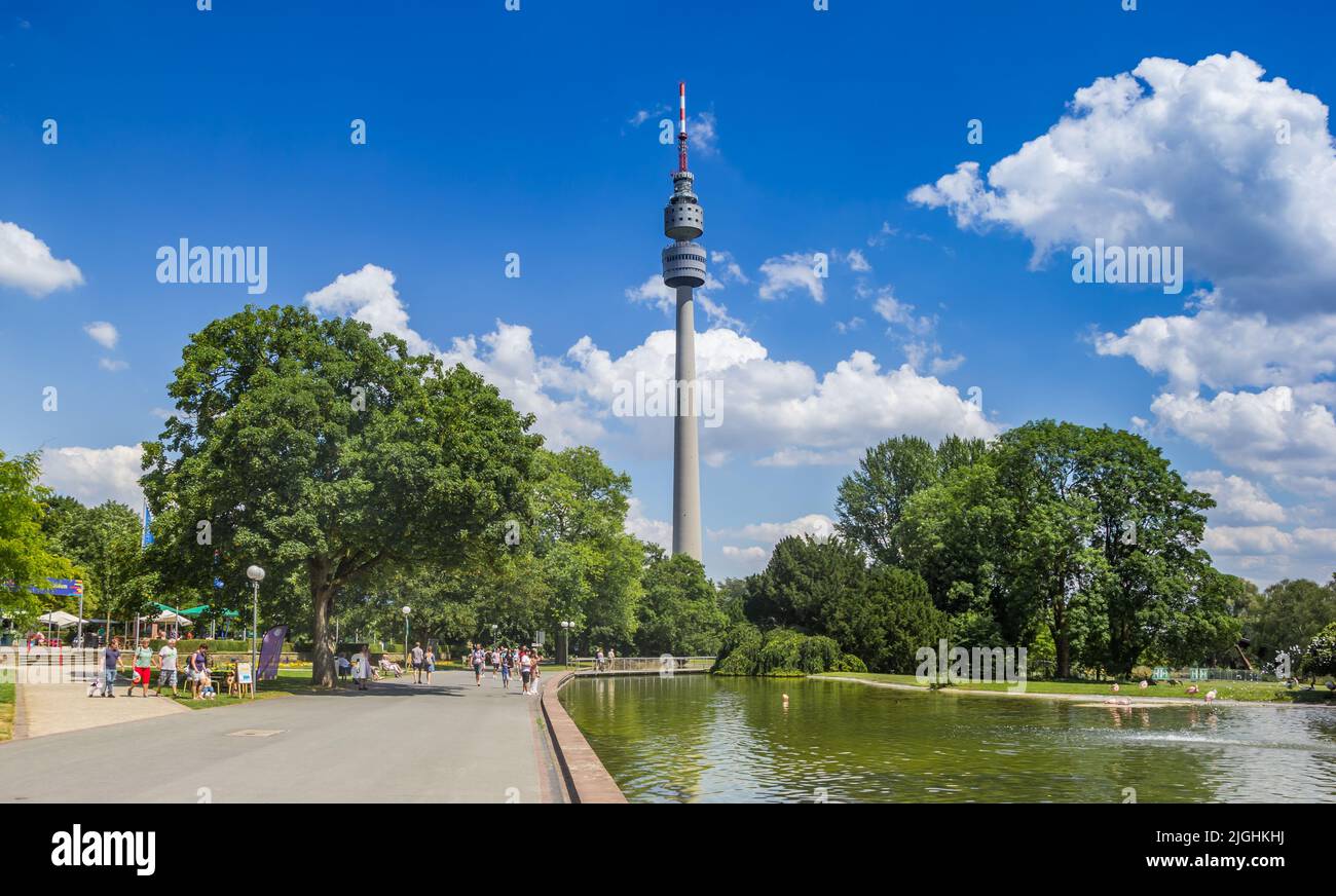 Estanque Flamingo frente a la torre de televisión en Dortmund, Alemania Foto de stock