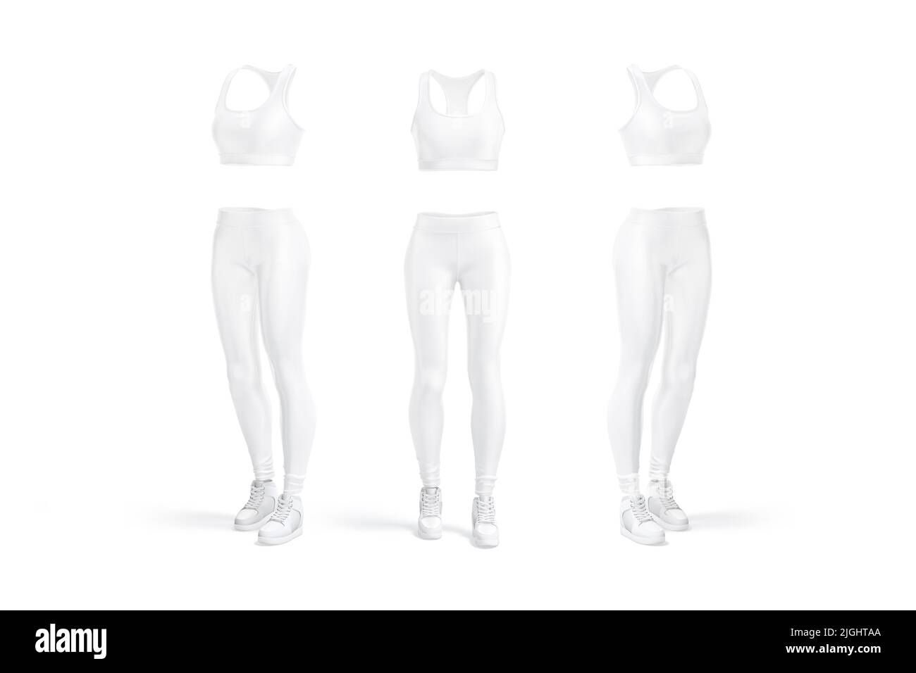 Moqueta de uniforme deportivo blanco para mujeres en blanco, vista frontal y lateral Foto de stock