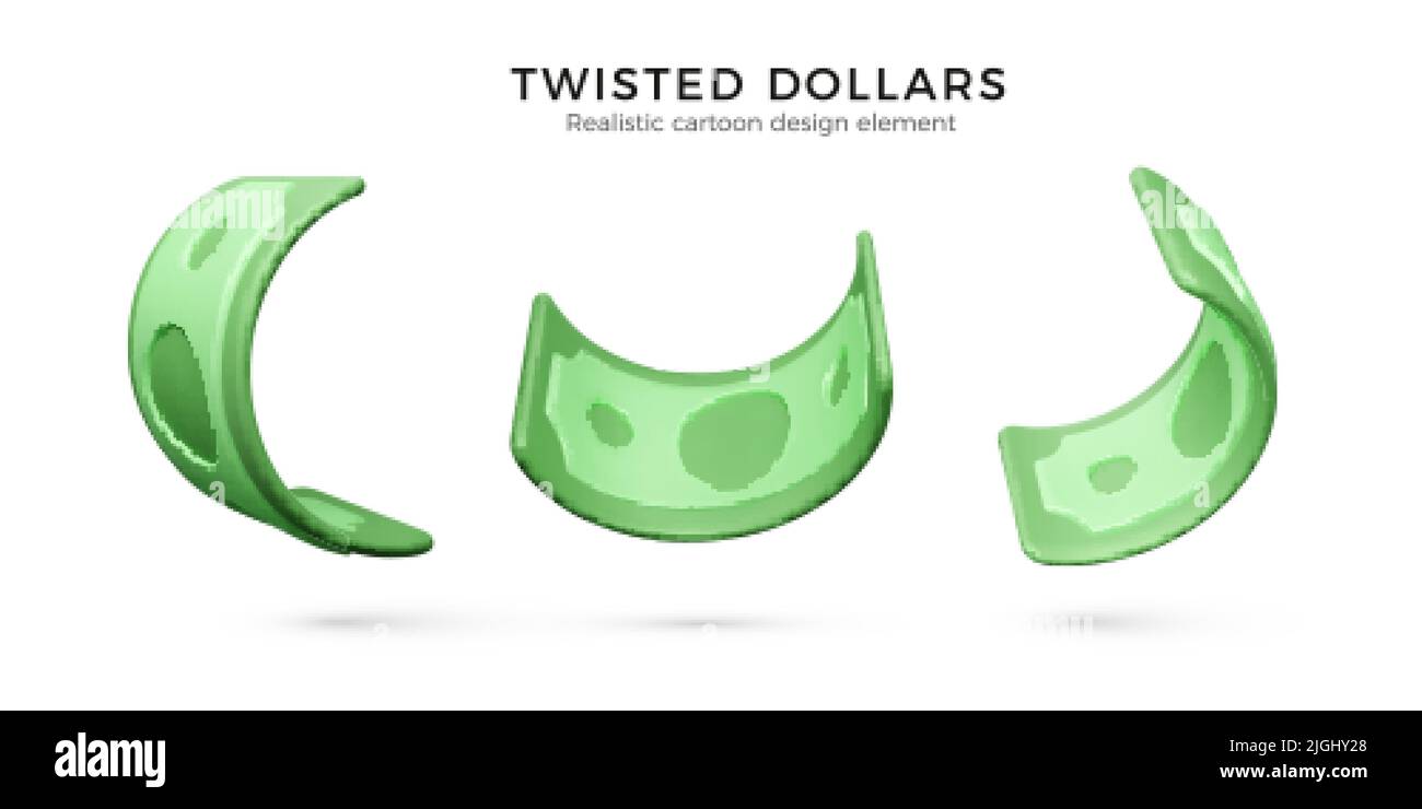 Dólar de papel verde. 3D Moneda realista de los billetes en estilo de dibujos animados. Factura de papel torcido. Ilustración vectorial Ilustración del Vector