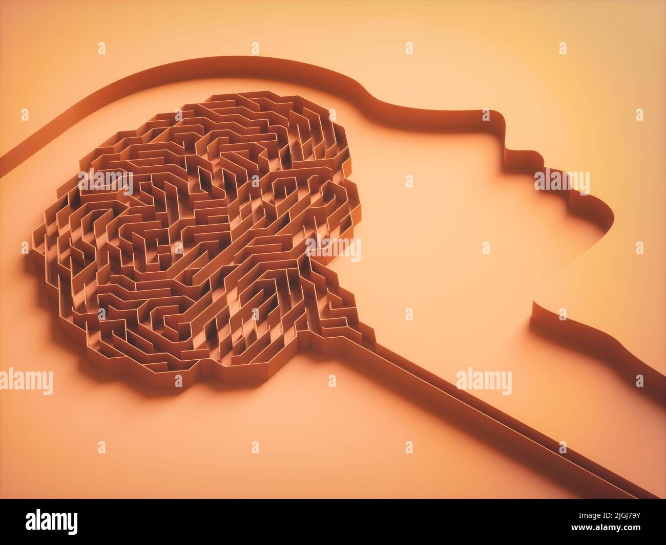 Ilustración de 3D, laberinto en forma de cerebro. Imagen conceptual de estudio y comportamiento cerebral. Foto de stock