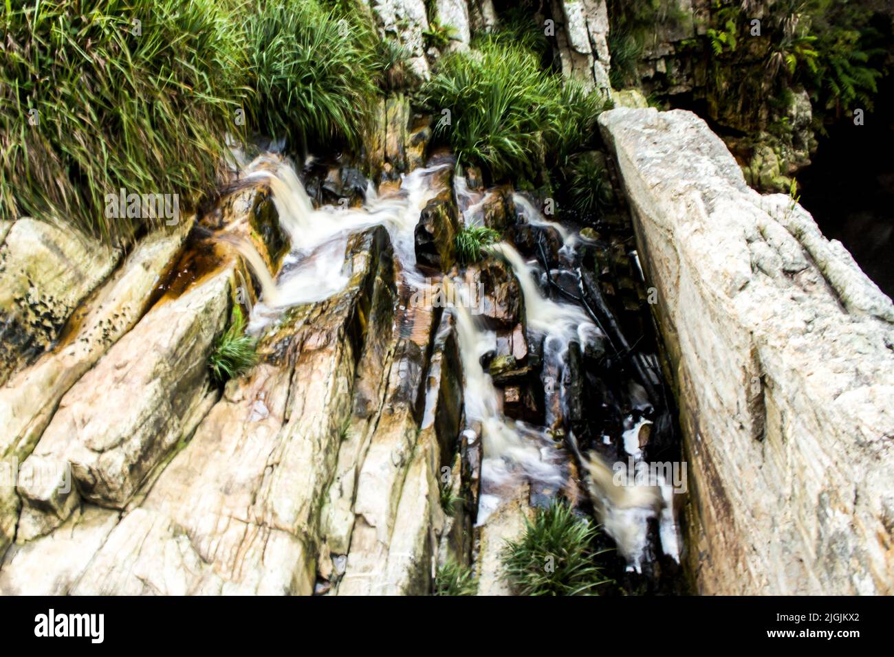 Una pequeña cascada, cayendo en cascada en una grieta en la roca, en las montañas Tsitsikamma, Sudáfrica Foto de stock