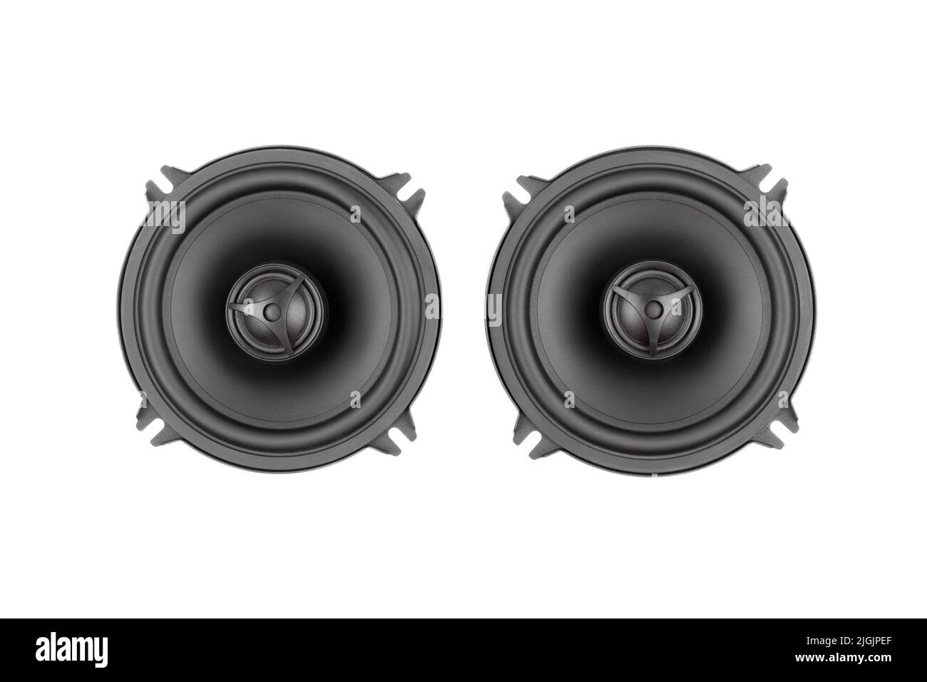 Elegantes altavoces redondos acústicos de audio para coche aislados sobre fondo blanco Foto de stock