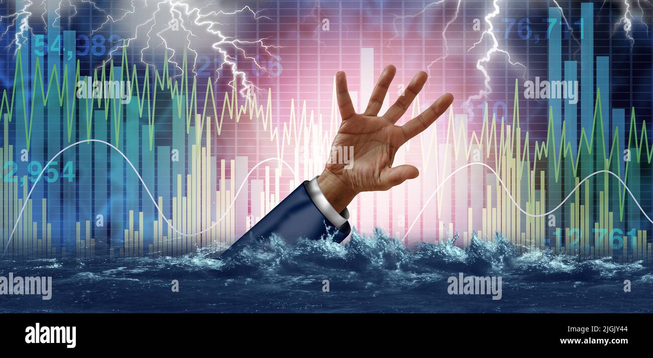 Emergencia económica y riesgo financiero o peligro de inversión como crisis de turbulencia en el mercado de valores y tormenta económica como una persona de negocios ahogada. Foto de stock