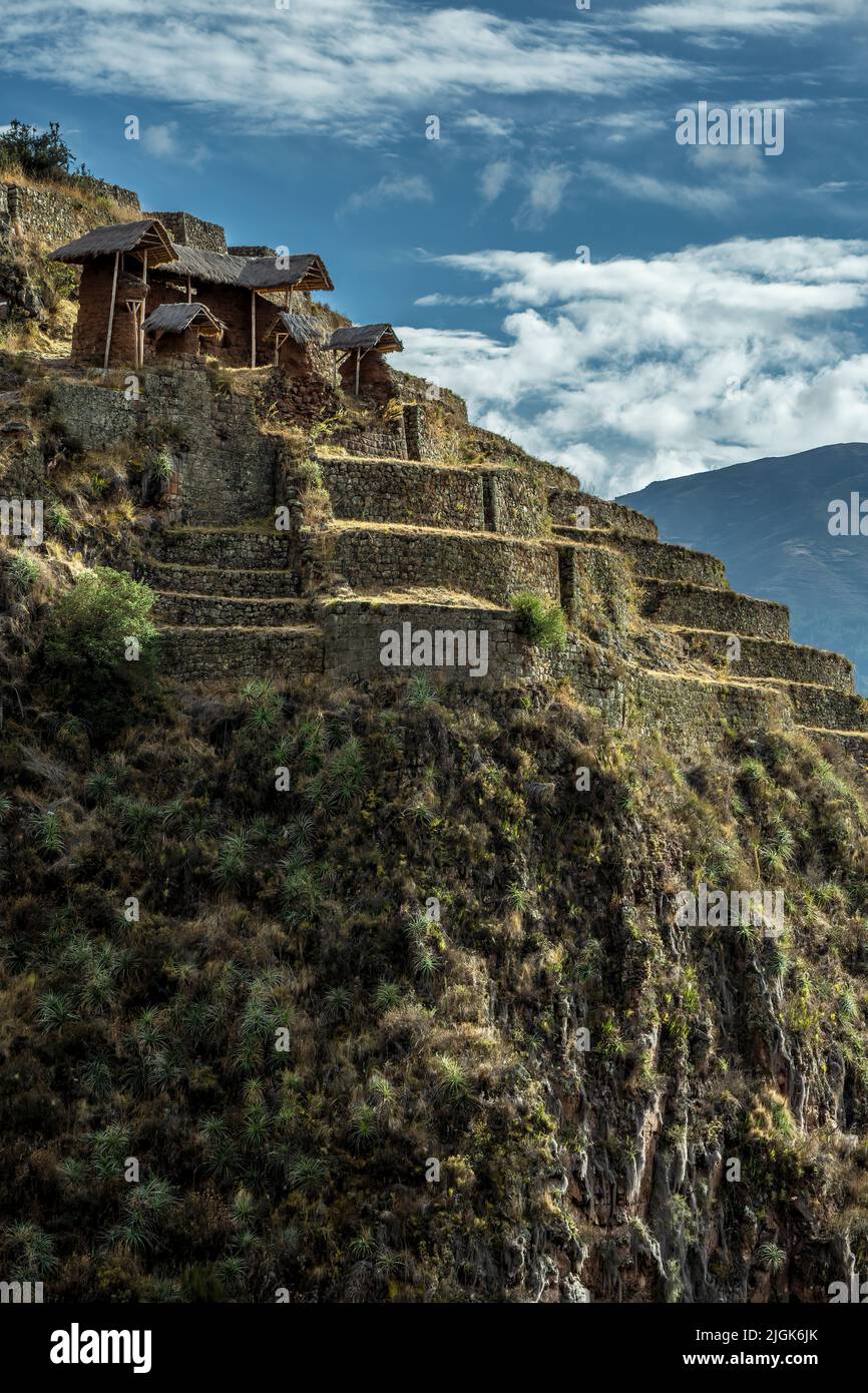 Edificios y terrazas agrícolas en un acantilado, Pisac ruinas incas, Pisac, Cusco, Perú Foto de stock