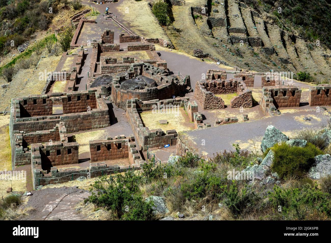 Edificios, Sector Intihuatana (centro religioso y astronómico), ruinas incas de Pisac, Pisac, Cusco, Perú Foto de stock