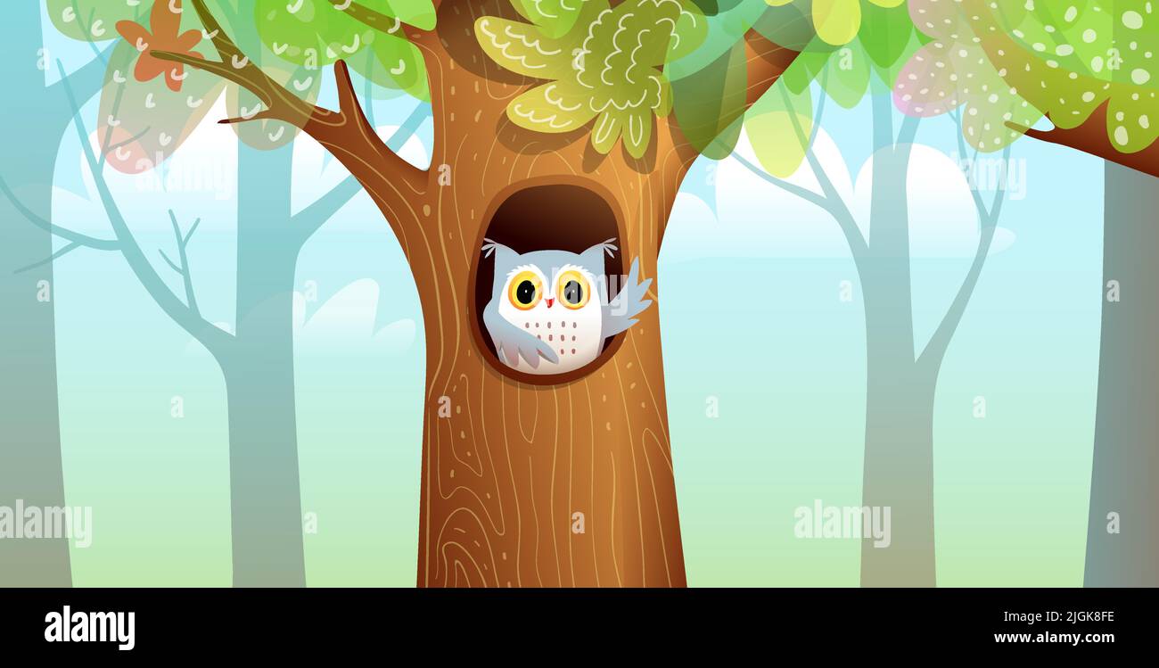 Bosque con tronco hueco y dibujos animados de búho Ilustración del Vector