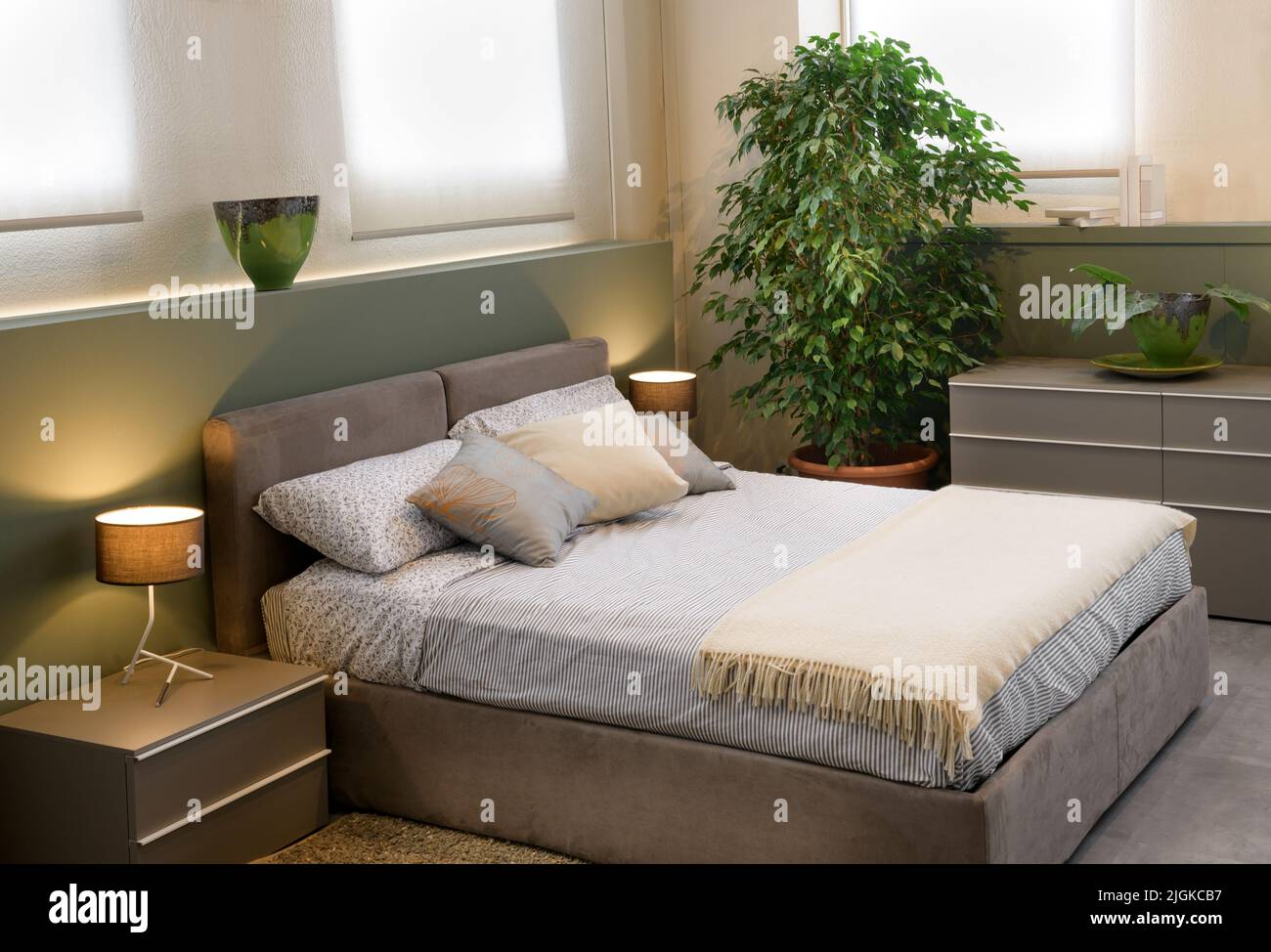 Cómoda cama con almohadas y manta situada cerca de la planta exuberante macted y gabinete en dormitorio elegante iluminado con lámparas y luz del sol Foto de stock