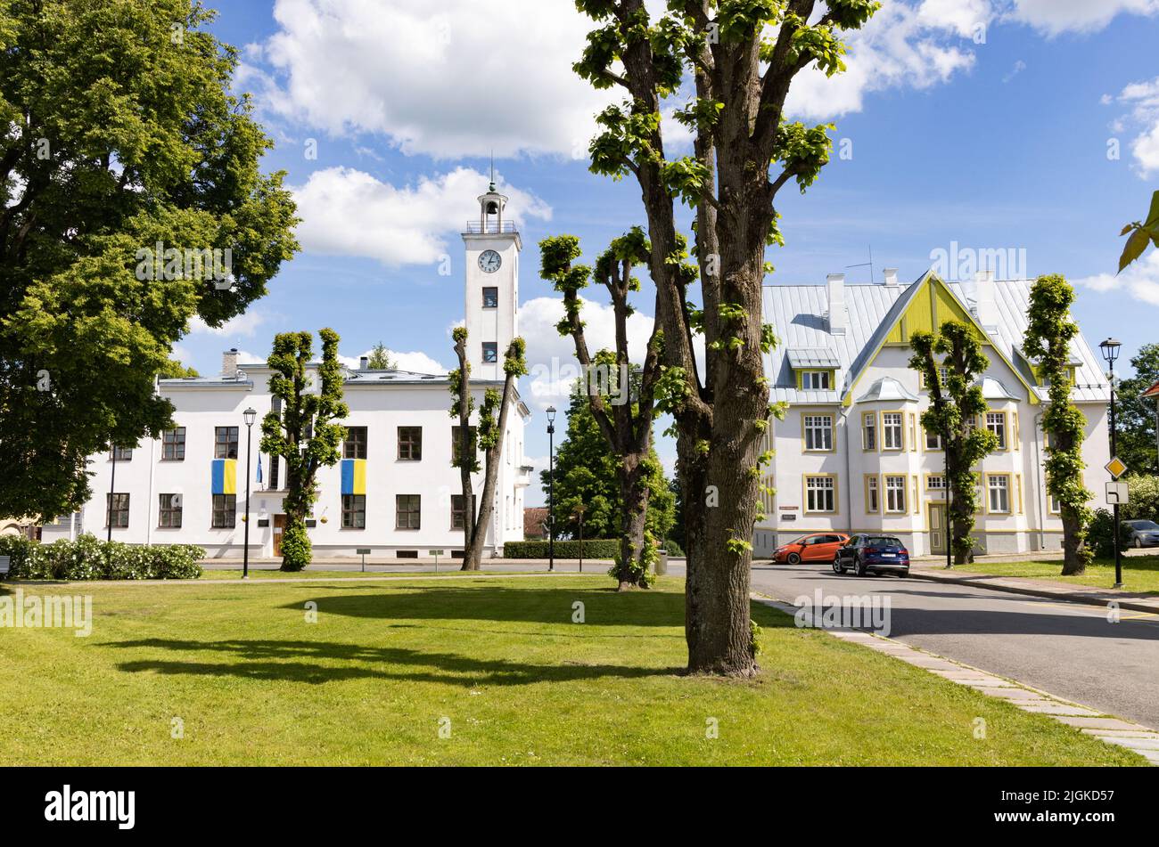Viljandi Estonia; el centro de la ciudad de Viljandi en un día soleado en verano, con el Ayuntamiento de Viljandi a la izquierda, Viljandi, Estonia Europa Foto de stock