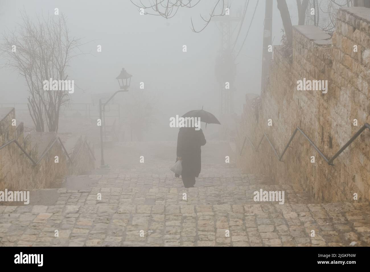 Un anciano con sombrero y abrigo sube las escaleras en la niebla bajo un paraguas negro. Hombre triste solitario con bufanda con sombrilla caminando bajo la lluvia. Atrás Foto de stock