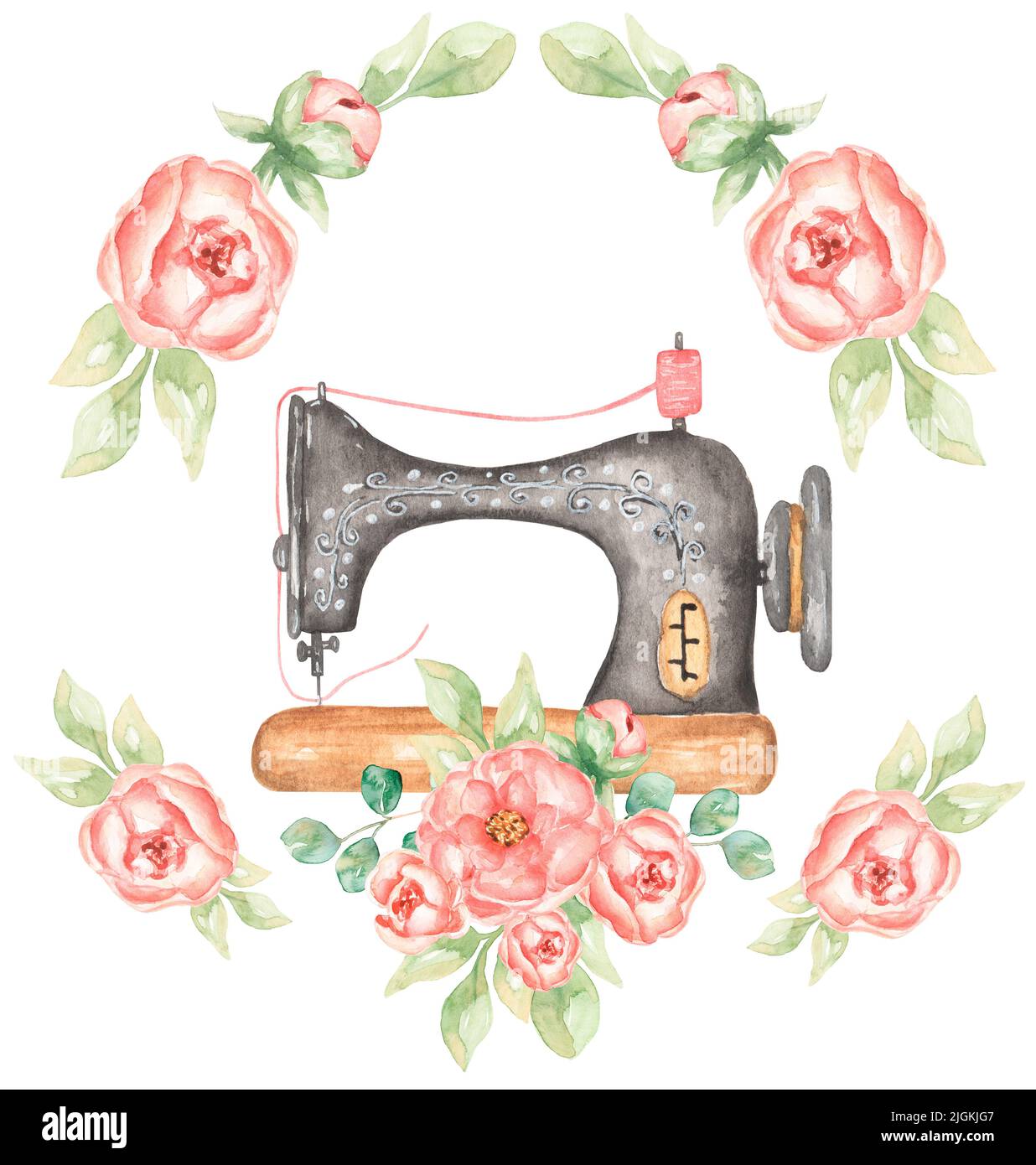 Clipart de costura de acuarela, Máquina de coser vintage, Logotipo