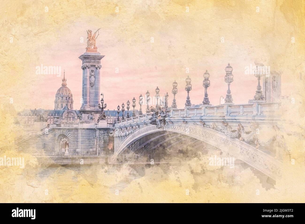 Puente Alexandre III en París - ilustración de efecto acuarela Foto de stock