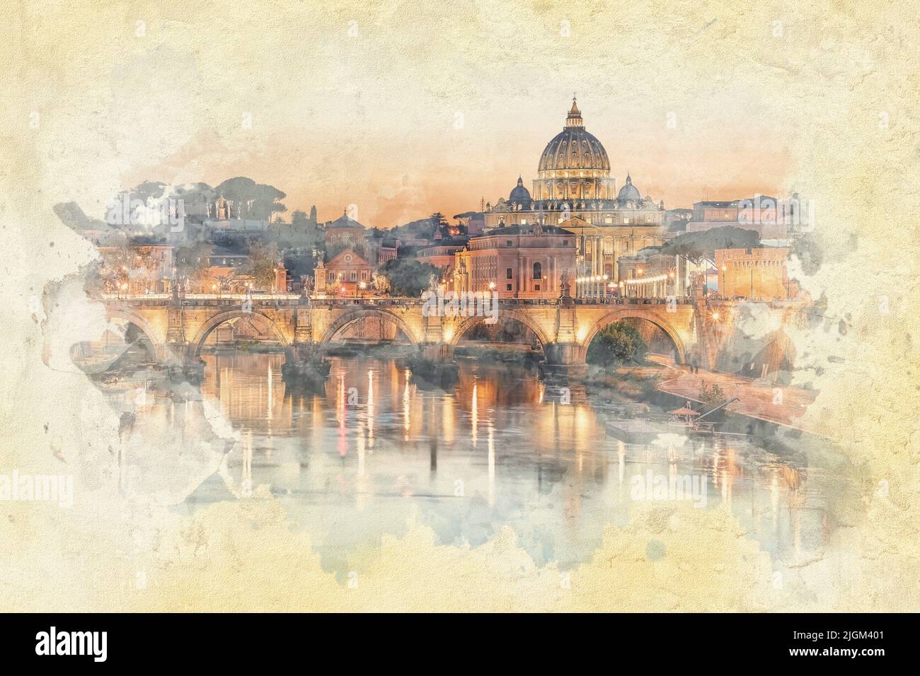 La ciudad de Roma al atardecer - ilustración del efecto de acuarela Foto de stock