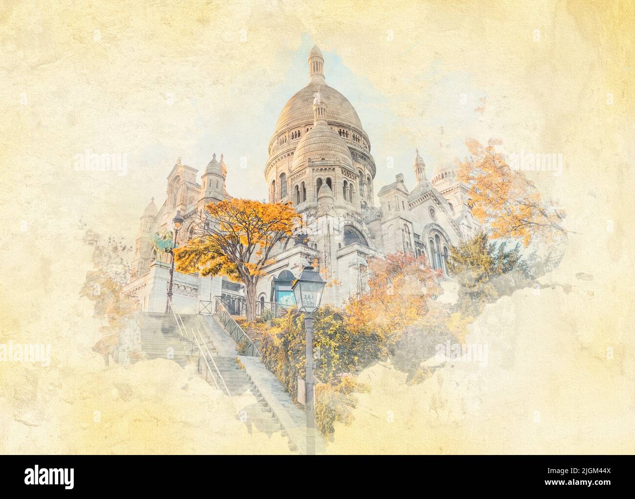 Basílica del Sacre Coeur en Montmartre, París - Ilustración con efecto de acuarela Foto de stock