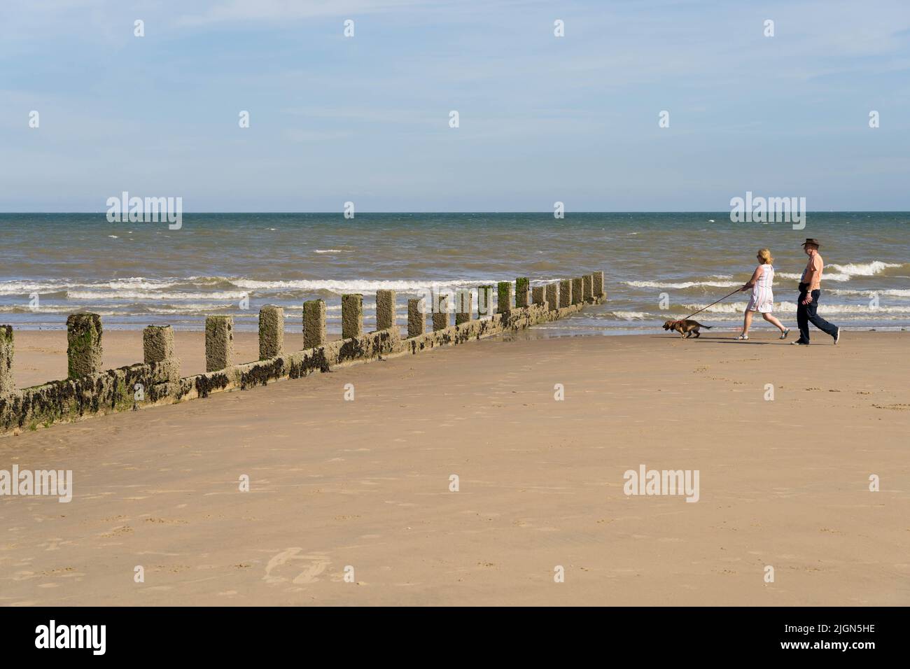 Un hombre y una mujer caminan a su perro por la playa más cerca del agua del mar Kent Inglaterra Reino Unido Foto de stock